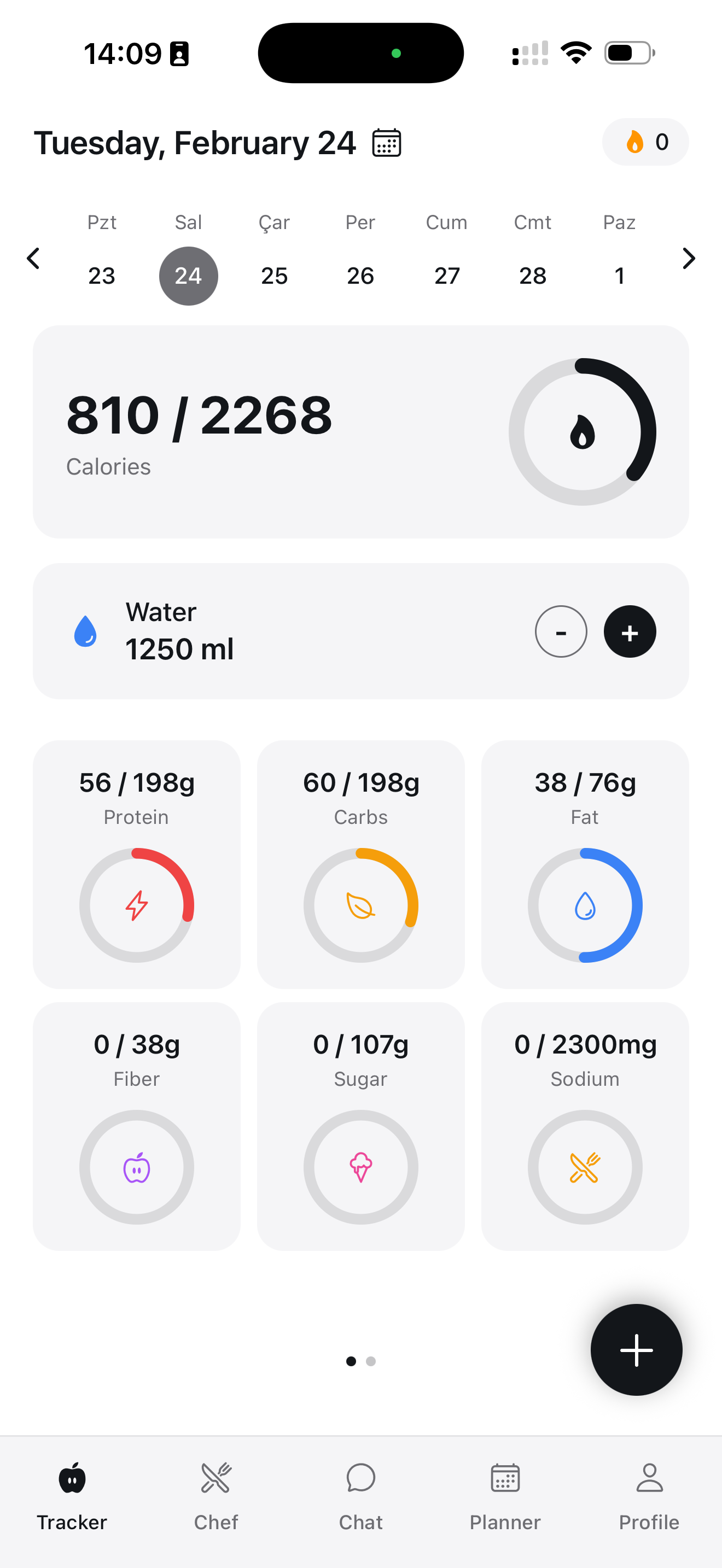 Arori calorie tracking screen - daily calories, protein, carbs and fat values